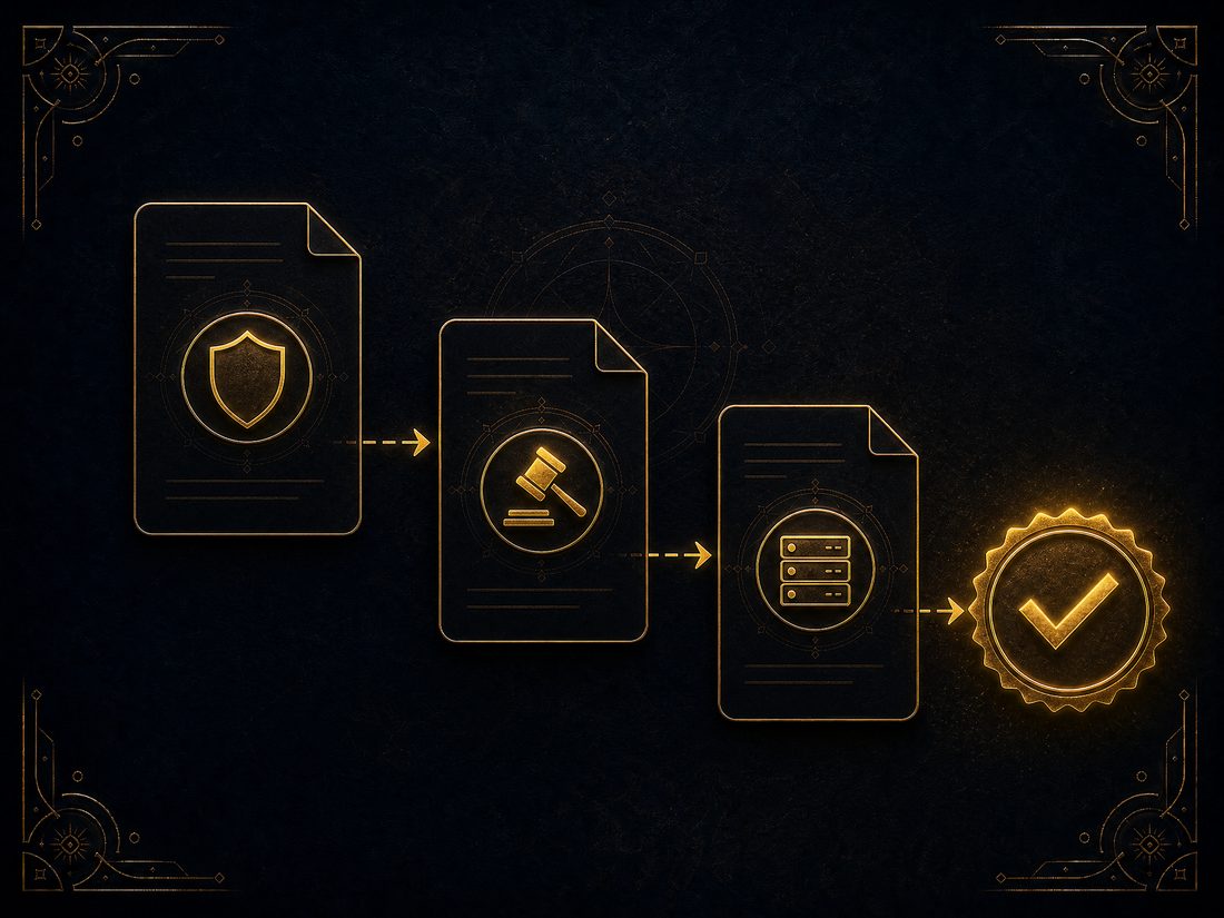 Illustration of a three-stage reporting workflow ending in a golden verification seal